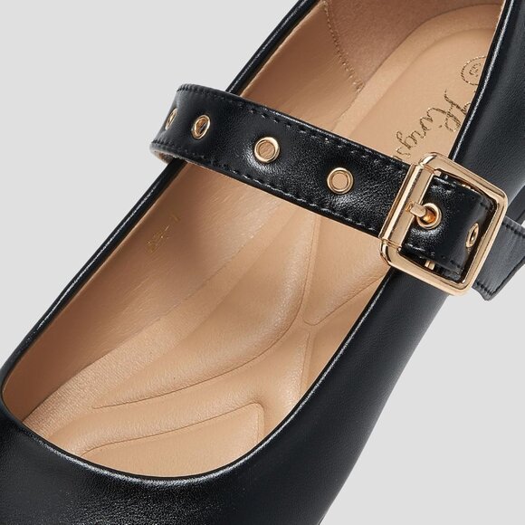 Women Pu Black Polyurethane (PU) Closed Toe Strap Buckle Ballerina Flats Shoes - Picture 4 of 6